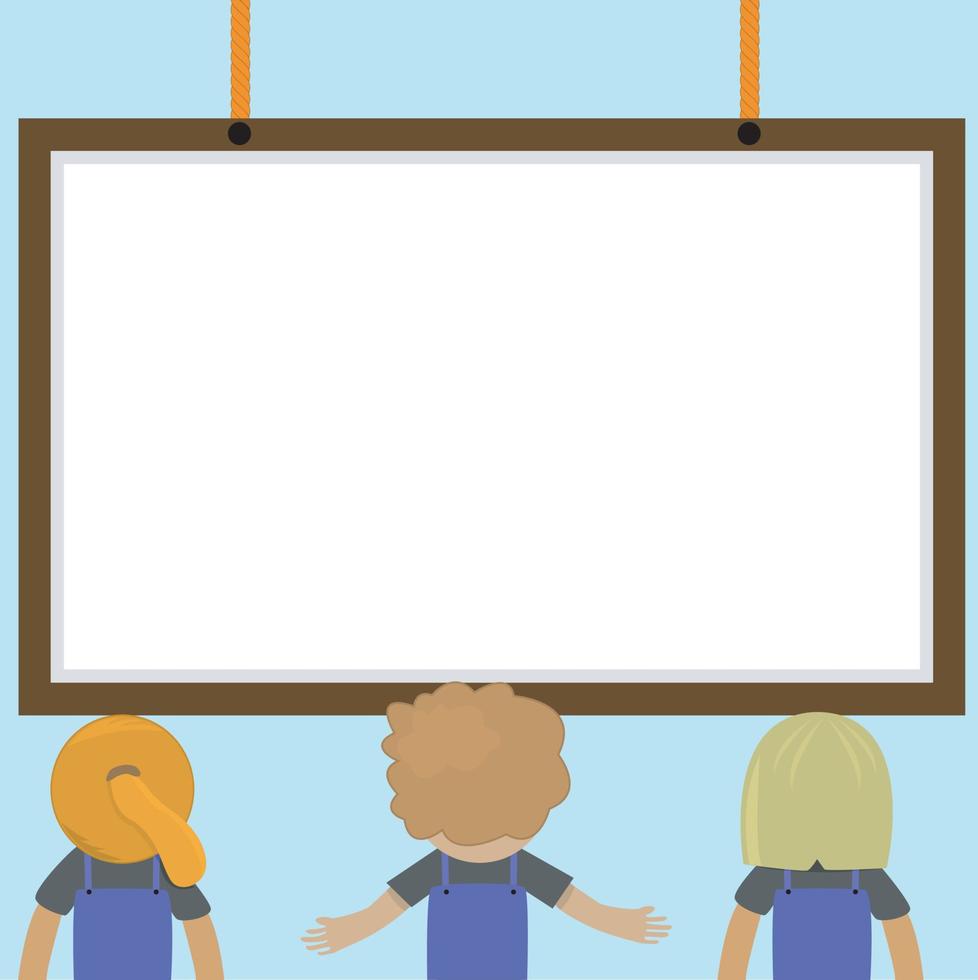 Three Student Reading Blank Whiteboard and Blue Color Background. vector