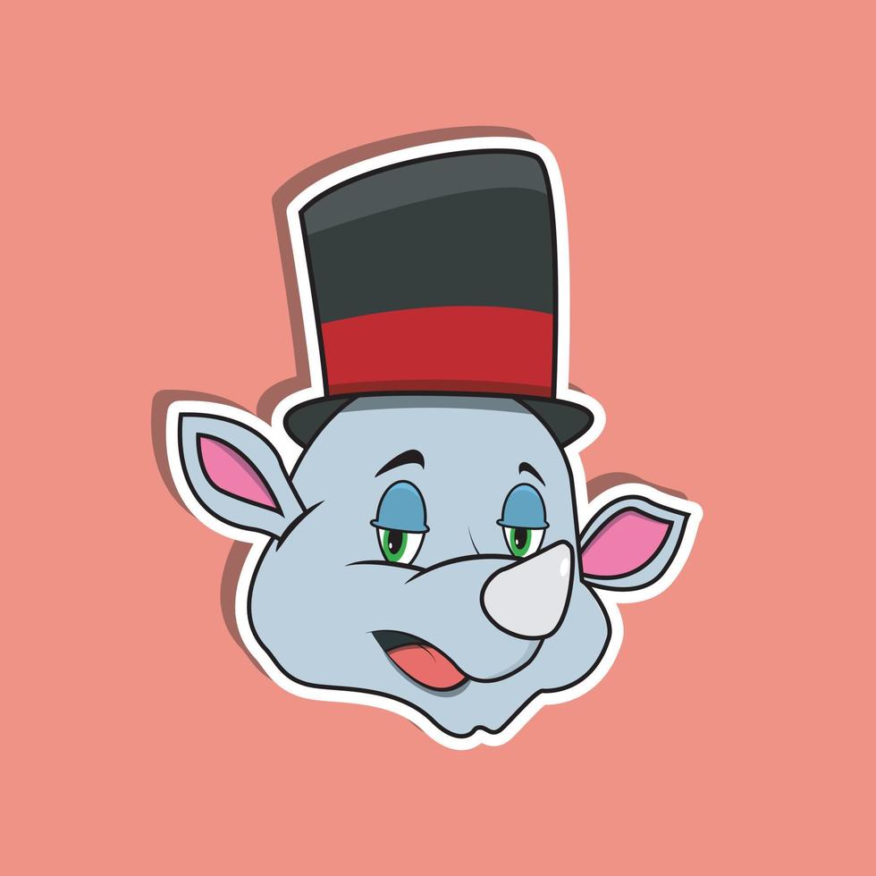Pegatina de cara de animal con rinoceronte con sombrero de circo. diseño de personaje. vector