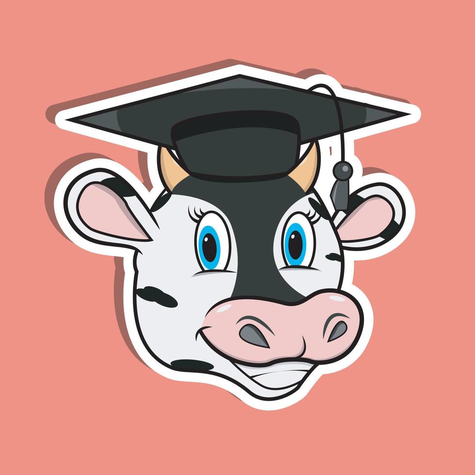 Animal Face Sticker With Cow Wearing Graduate Hat. Character Design. vector