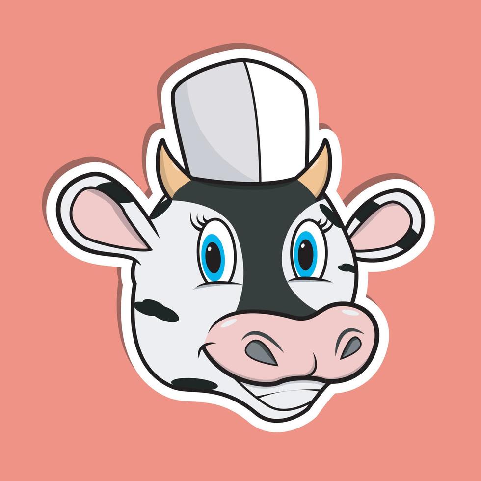 Pegatina de cara de animal con vaca con gorro de cocinero. diseño de personaje vector