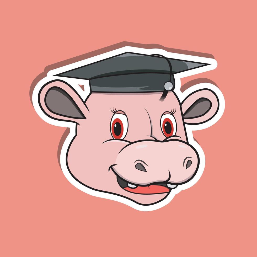 Pegatina de cara de animal con hipopótamo con sombrero de posgrado. diseño de personaje. vector