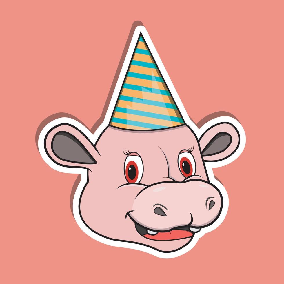 Animal Face Sticker With Hippopotamus Wearing Party Hat. Character Design. vector