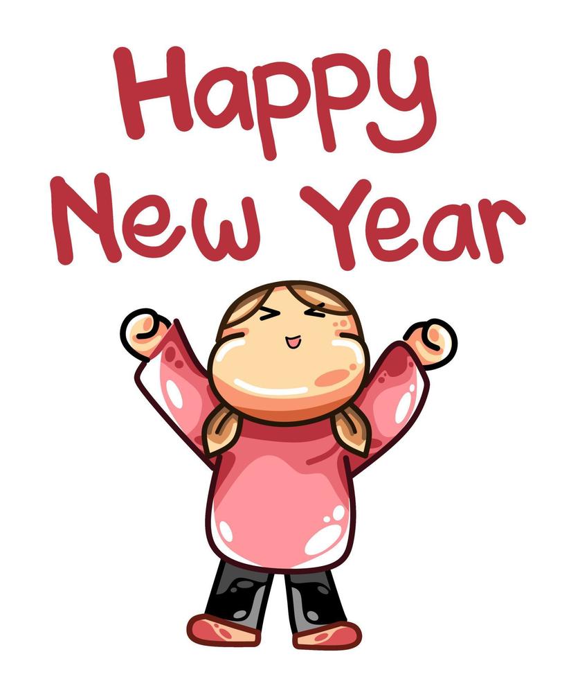 Cheerful happy cute girl raises her hands up on New year hand drawn cartoon art illustration Vector