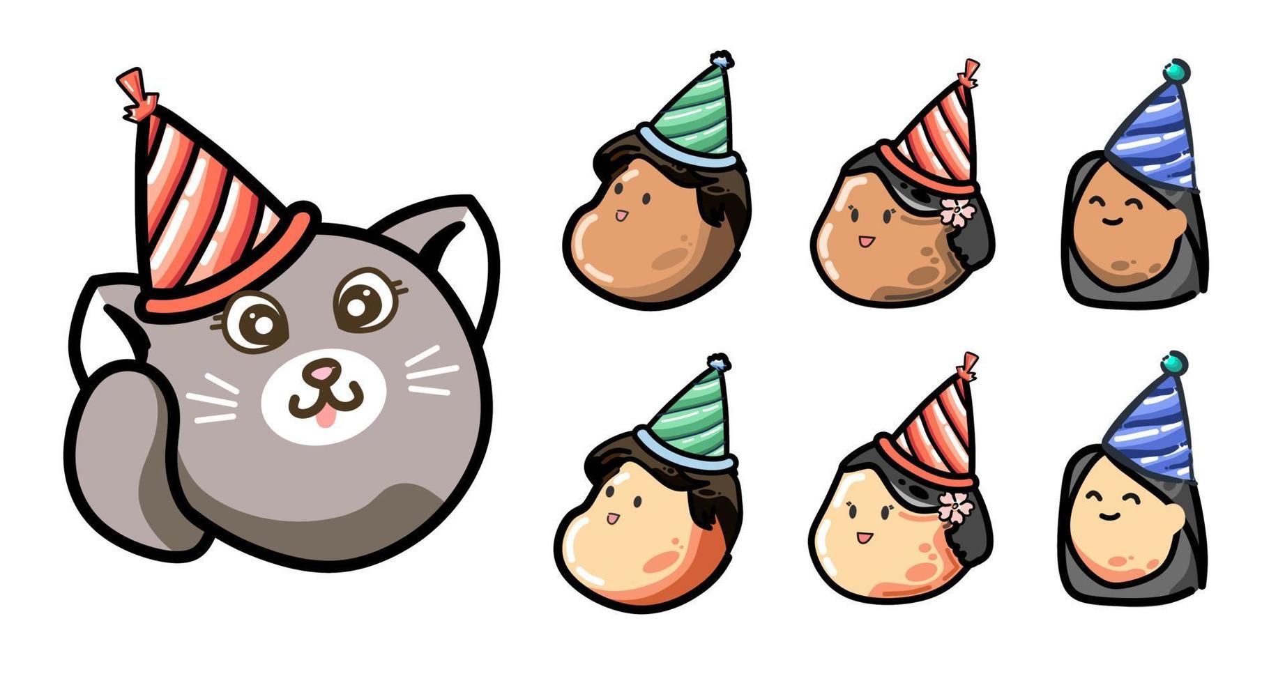 Conjunto de niños lindos felices y cabeza de gato en la fiesta de cumpleaños con sombrero colorido vector