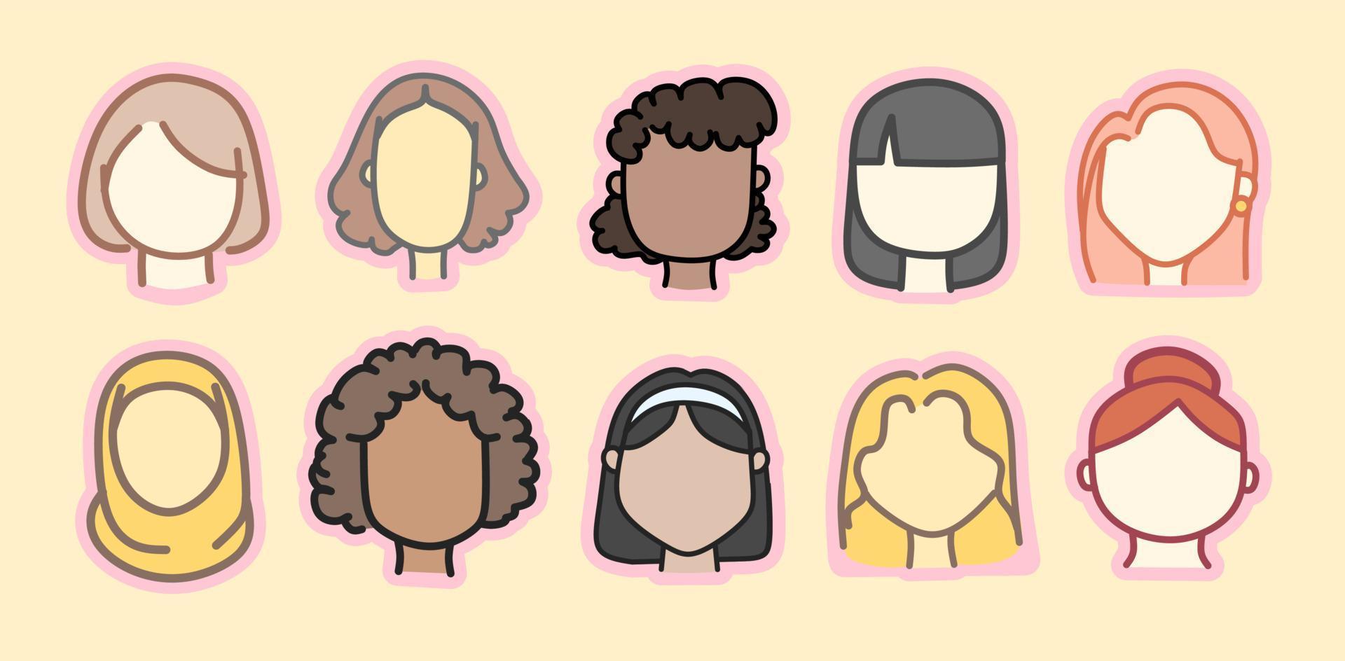 lindo icono de cabeza de mujer y niñas multirraciales. vector
