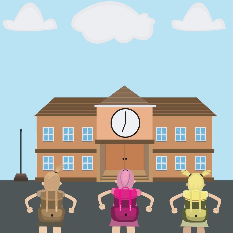 Three Girl Go to School, Come Back School and School Background. vector