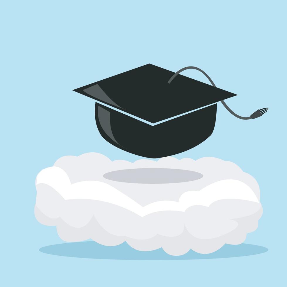graduación de sombrero en la nube y el fondo de color azul. vector