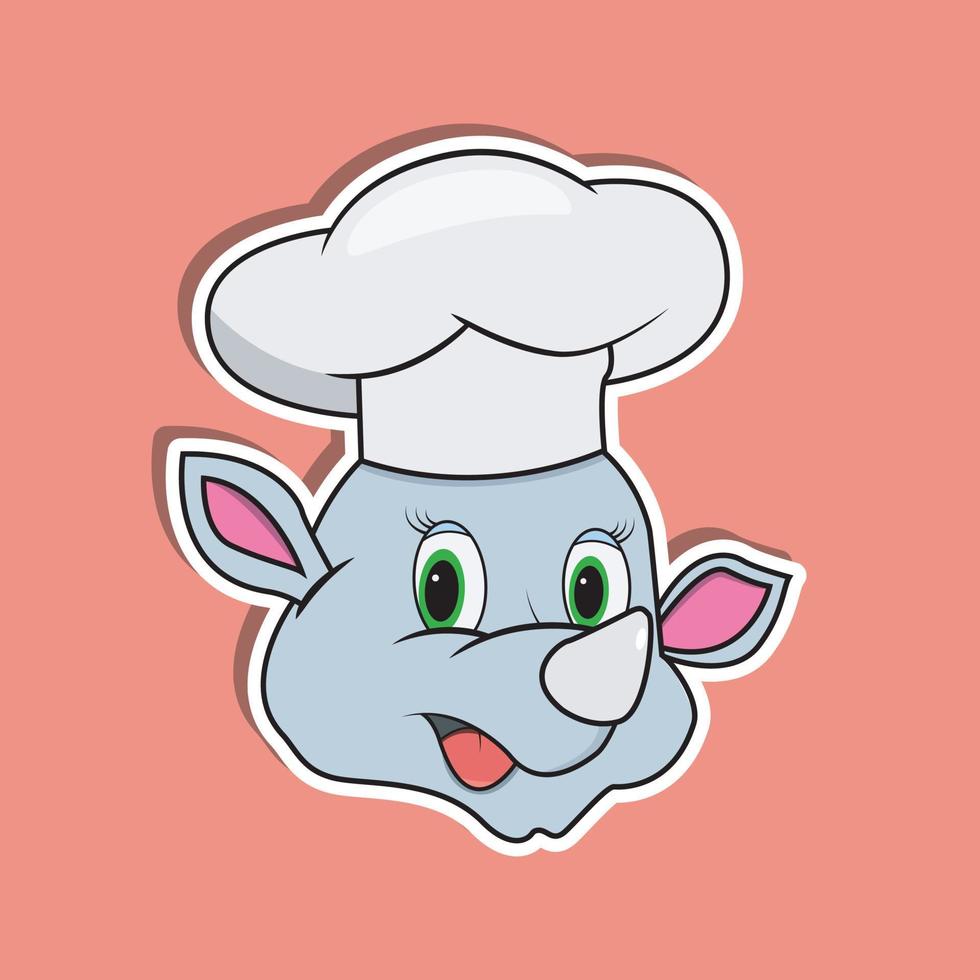 Animal Face Sticker With Rhinoceros Wearing Chef  Hat. Character Design. vector