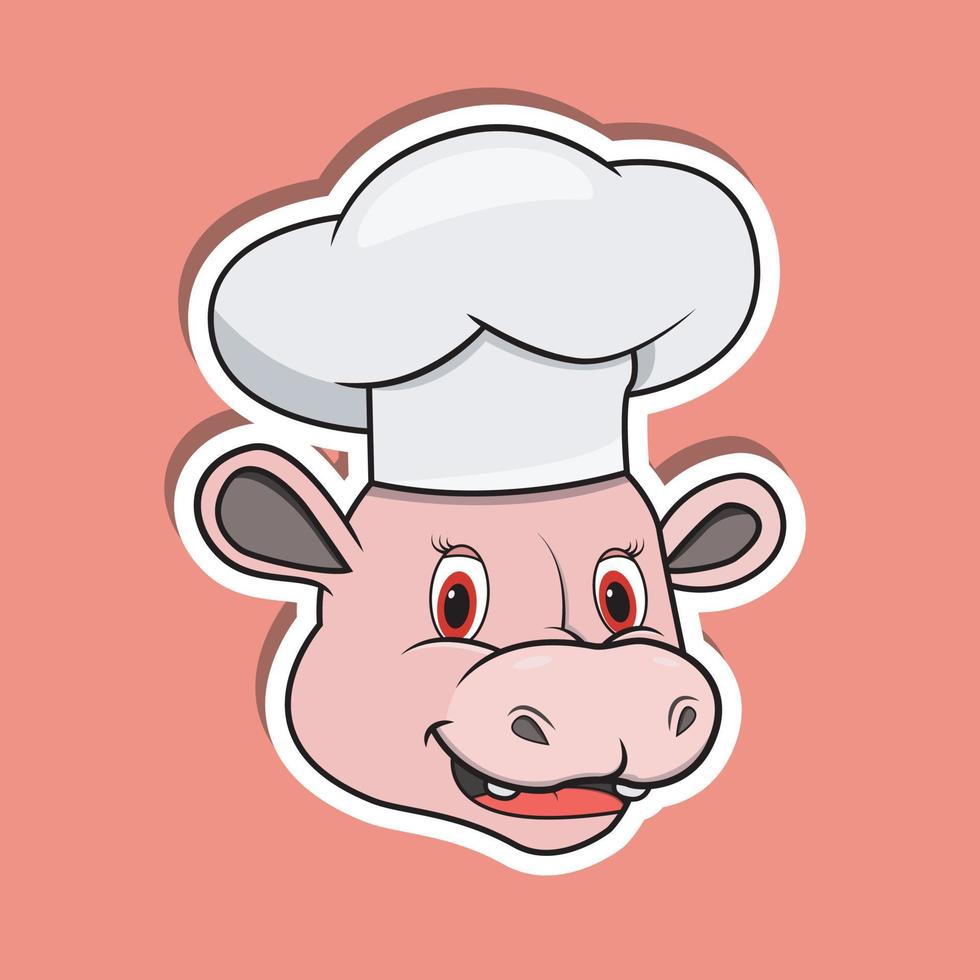 Animal Face Sticker With Hippopotamus Wearing Chef Hat. Character Design. vector