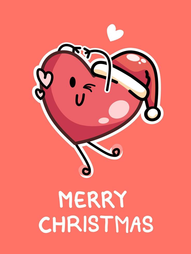 Merry christmas card design with happy red heart wearing santa hat cartoon vector illustration