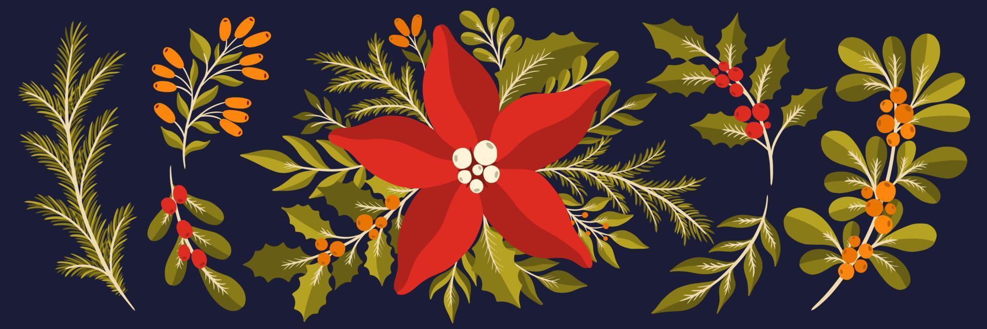 Christmas floral plant set.New year 2021 collection branch leaf.Decoration botanical design. vector