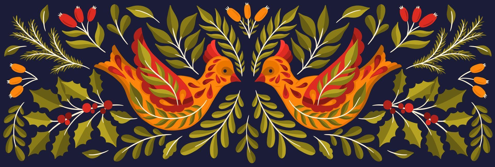 Ornate Christmas 2022 bird animal.Branch leaves elegante xmas design. vector