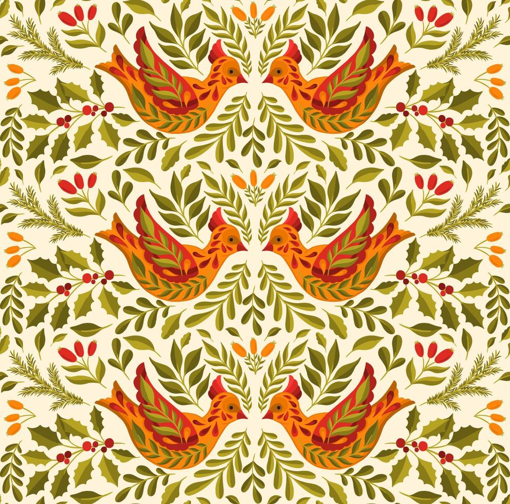 Pattern seamless Christmas 2022 bird animal.Branch leaves elegante xmas design. vector