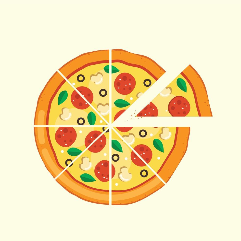 Pizza with salami, olives and mushrooms. vector illustration