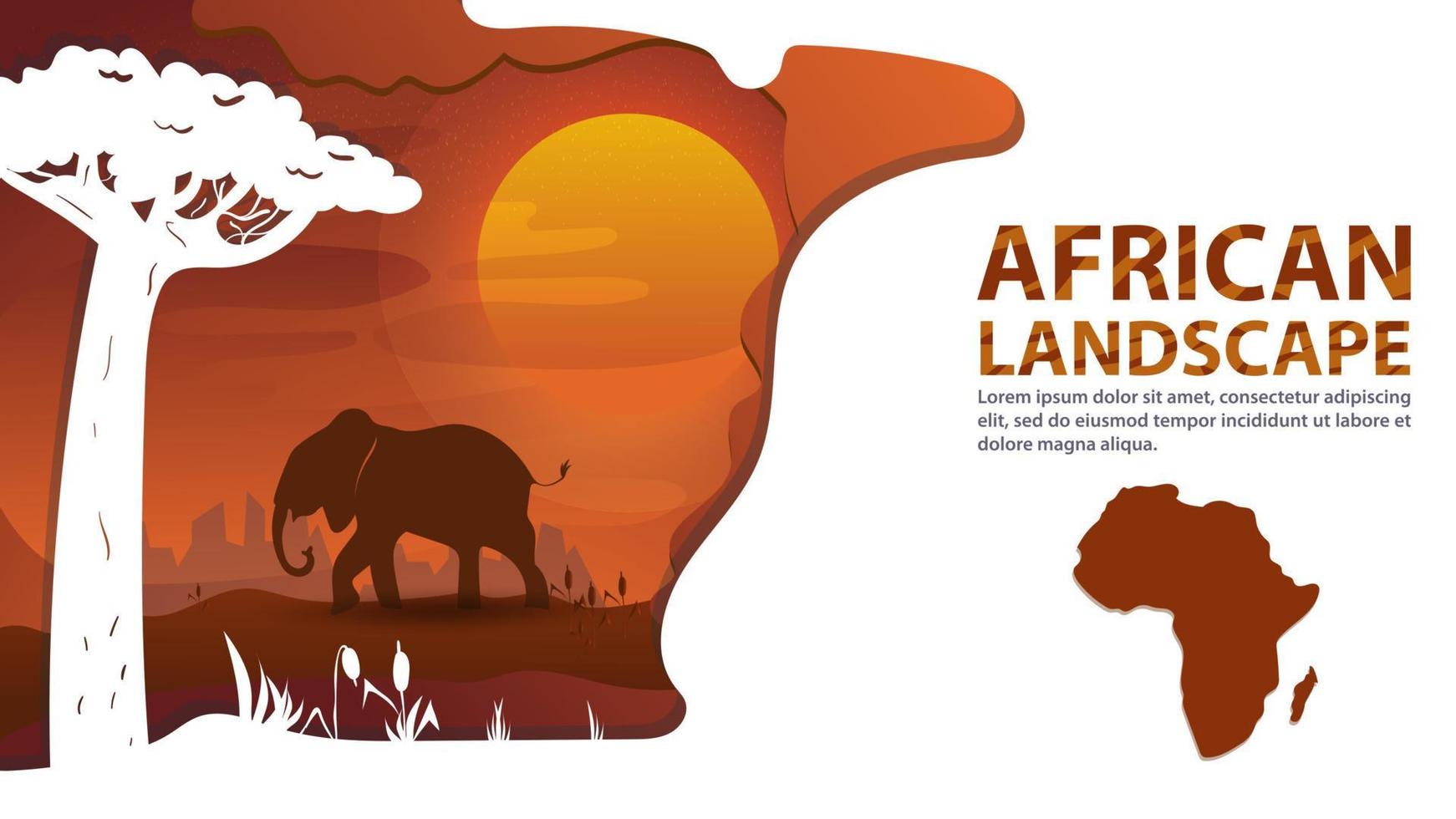 African landscape in the style of cut paper for the design of the elephant walking on the savannah next to a tree on the background of sunset vector