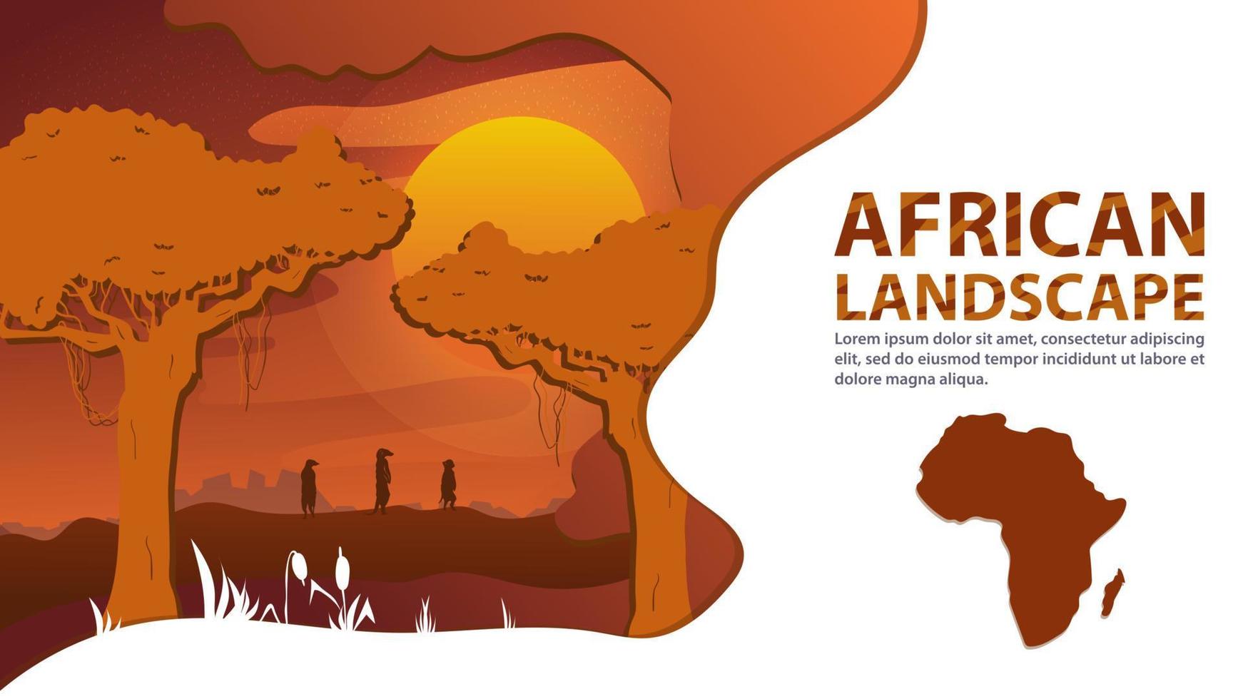 paisaje africano en el estilo de papel cortado para el diseño de animales suricatas se encuentran entre los árboles con el telón de fondo de la puesta de sol vector