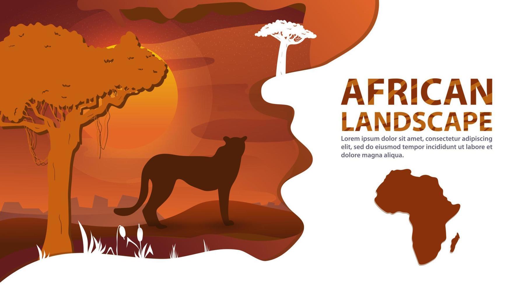 African landscape in the style of cut paper for design design A cheetah cat stands next to a tree against a sunset background vector