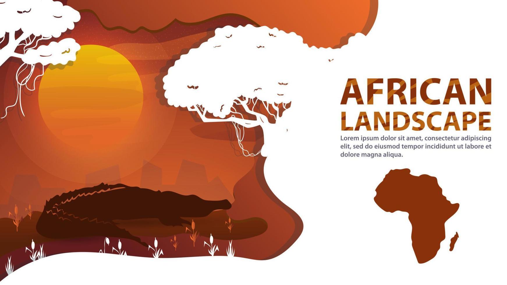 African landscape in the style of cut paper for the design of the Crocodile lies on the ground against the background of the sunset vector