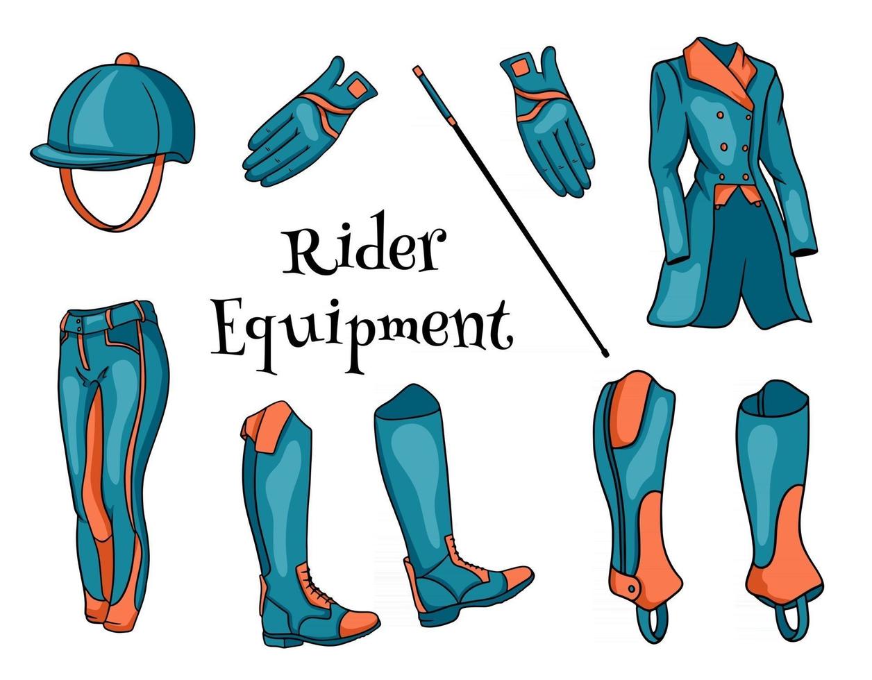 outfit rider un conjunto de ropa para un jockey botas pantalones pedjak látigo casco en estilo de dibujos animados vector