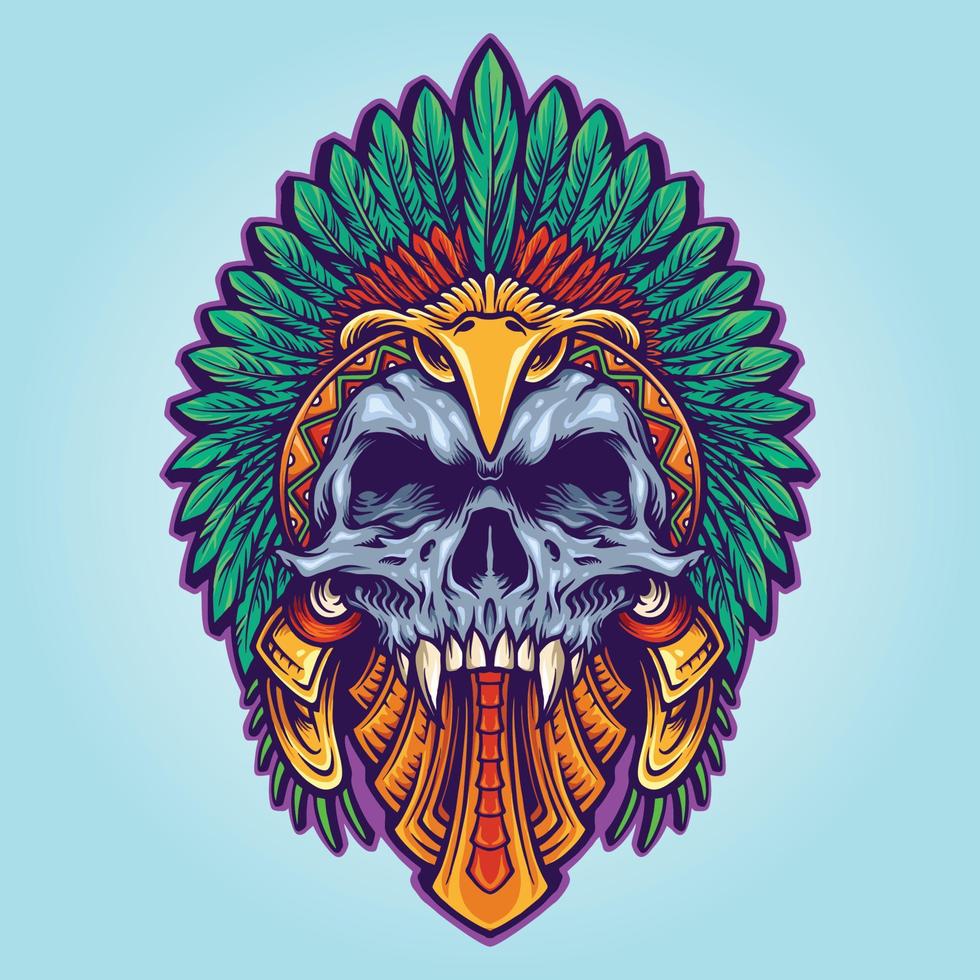 Aztec Indian American Death Skull Tattoo Vector Illustrations