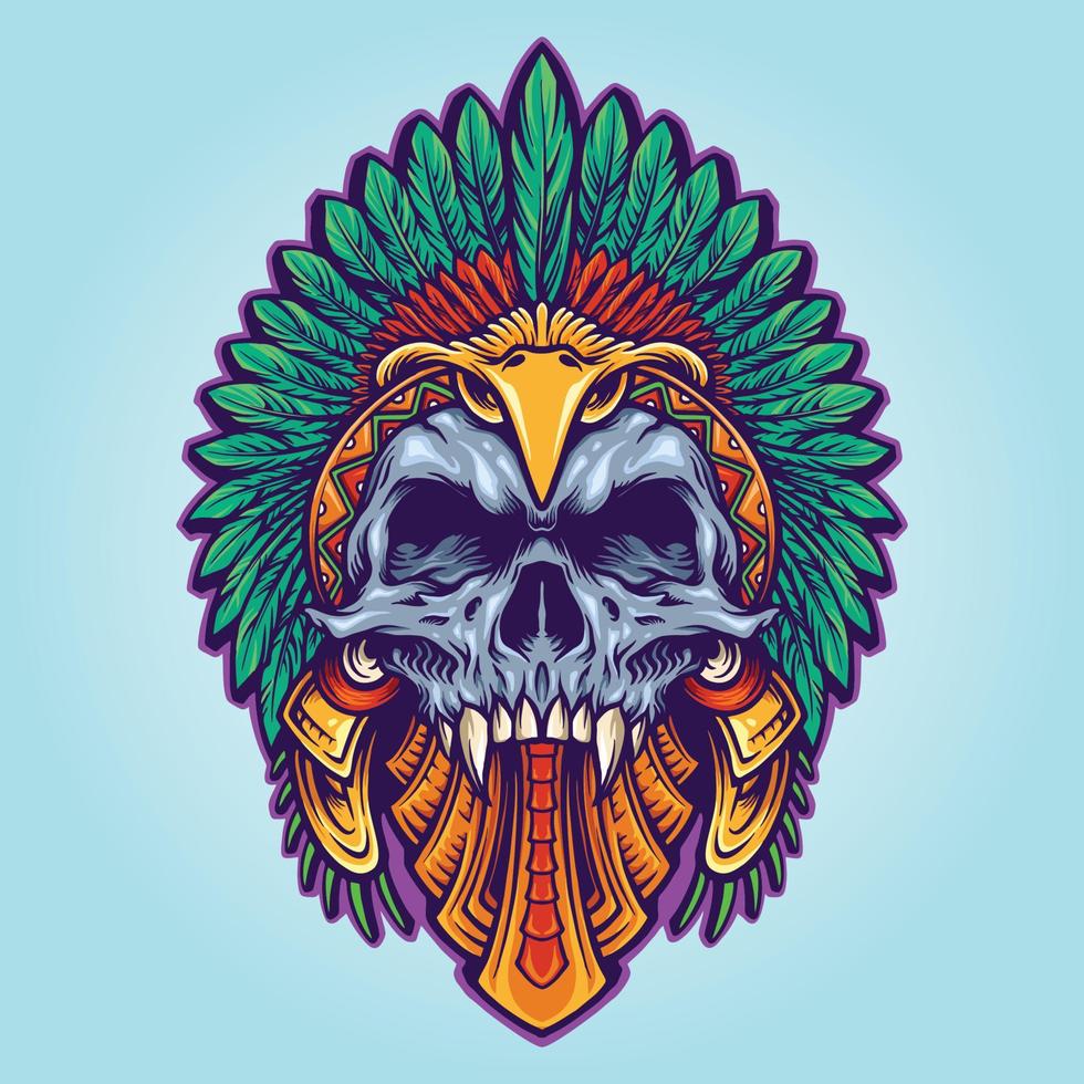 azteca, indio, americano, muerte, cráneo, tatuaje, vector, ilustraciones vector