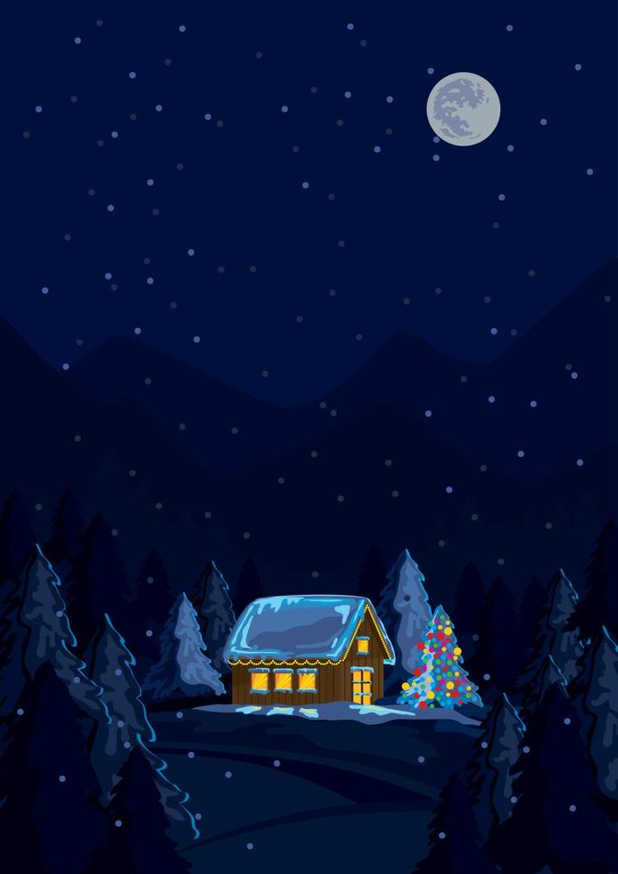 cabaña de navidad bajo el cielo nocturno vector