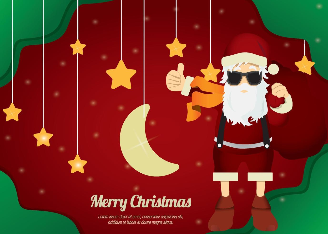 Merry Christmas Santa Claus like thumbs up with hanging a star and moon vector