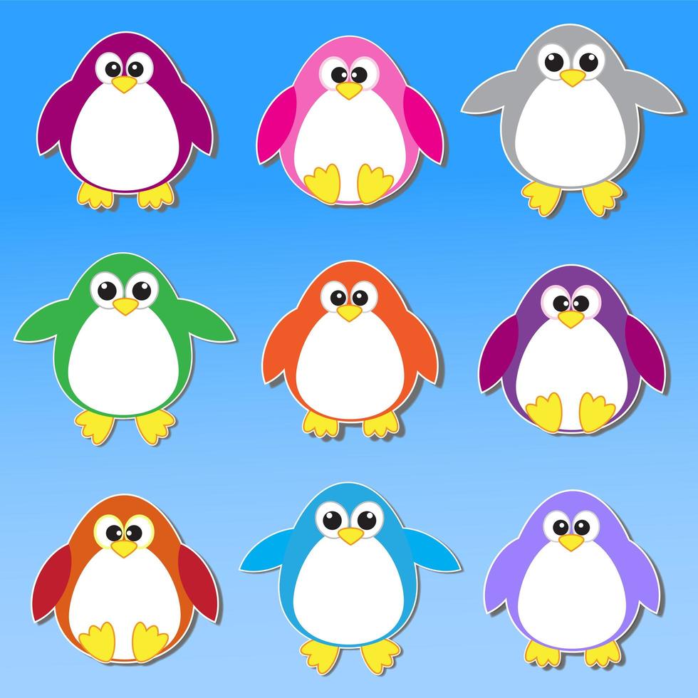 Colorful penguins stickers vector