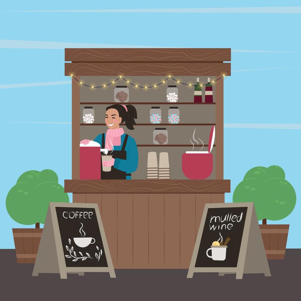 contador de puesto. la niña vende café y vino caliente. bebidas calientes. ilustración vectorial vector