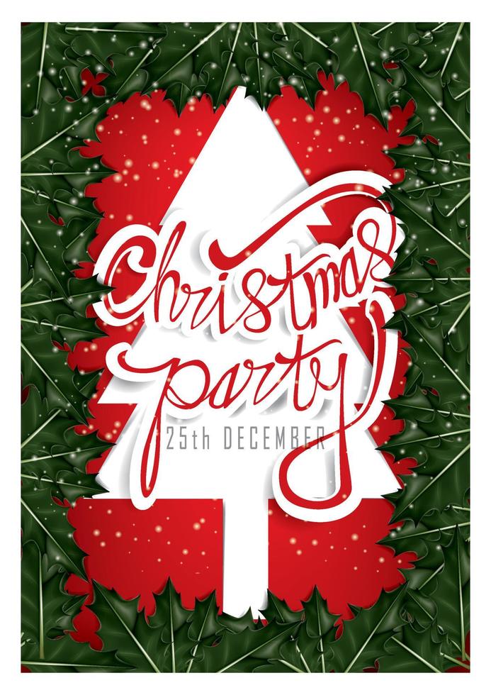 Christmas party poster template with snow and green pine branches background vector