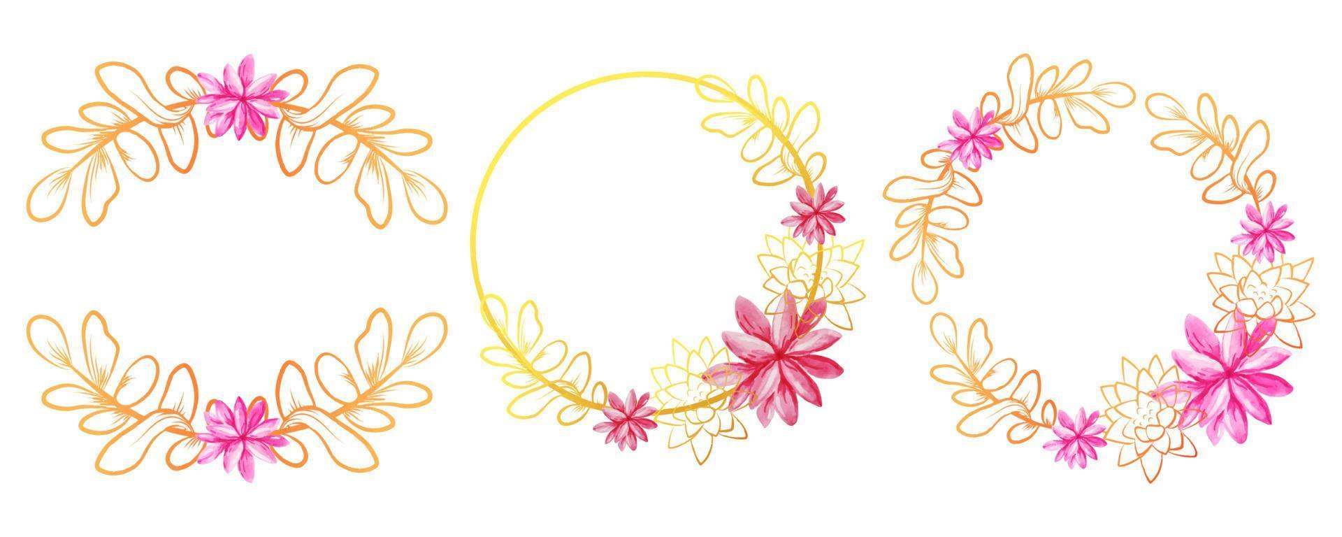 Watercolor round gold  frame template isolated on white vector set border wedding invitation design floral wreath botanical illustration elegant card decoration bouquet