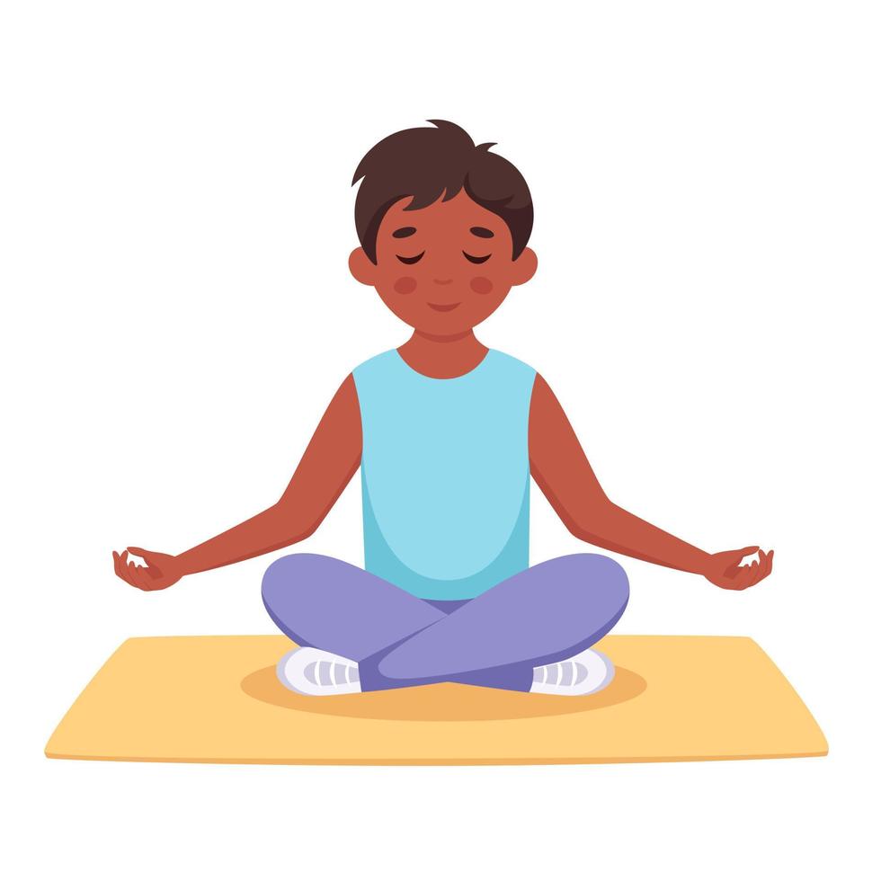 Boy meditating in lotus pose. Yoga and meditation for kids vector