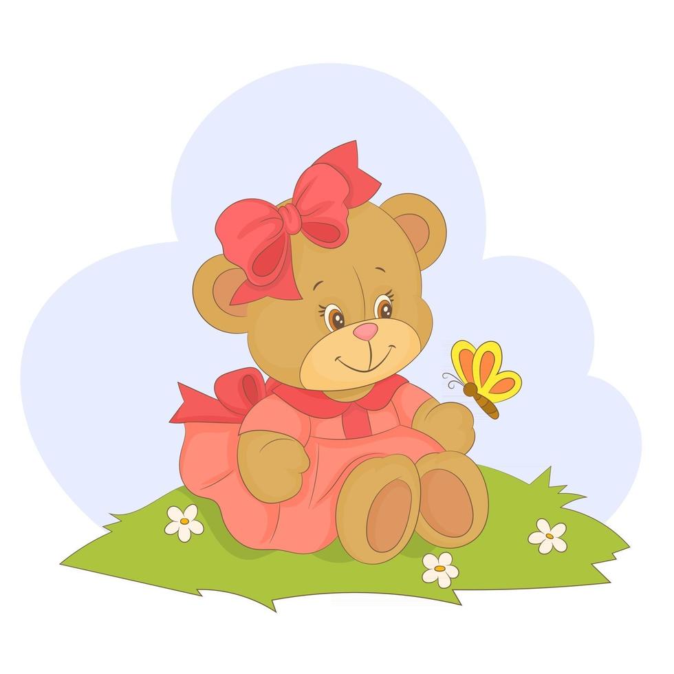 Cute Teddy bear playing with butterfly vector