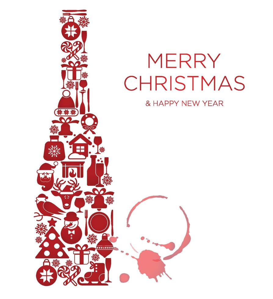 Happy New Year and Merry Christmas greeting card poster design with flat champagne bottle with christmas icon and place for your text message. vector