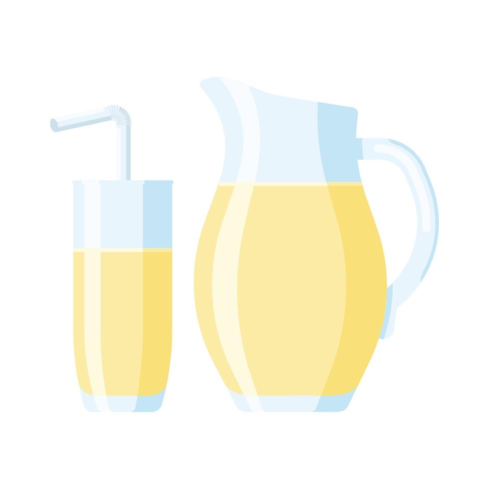 Glass and Jug of Lemonade. Flat Style. Fresh fruit drink icon for logo, menu, emblem, template, stickers, prints, food package design vector