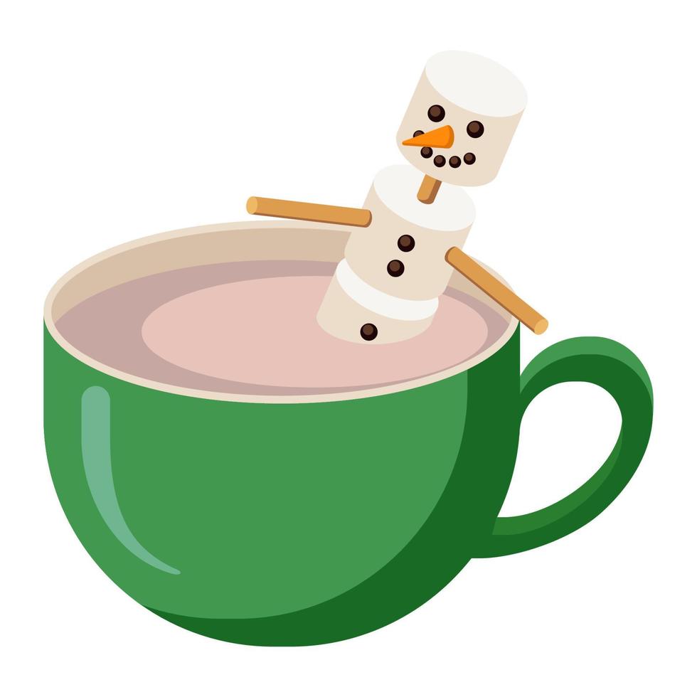 taza de cacao con muñeco de nieve de malvavisco. estilo plano. bebida de temporada de invierno. taza de navidad de icono de chocolate caliente para logotipo, pegatina, impresión, receta, menú, decoración de cafetería y decoración vector