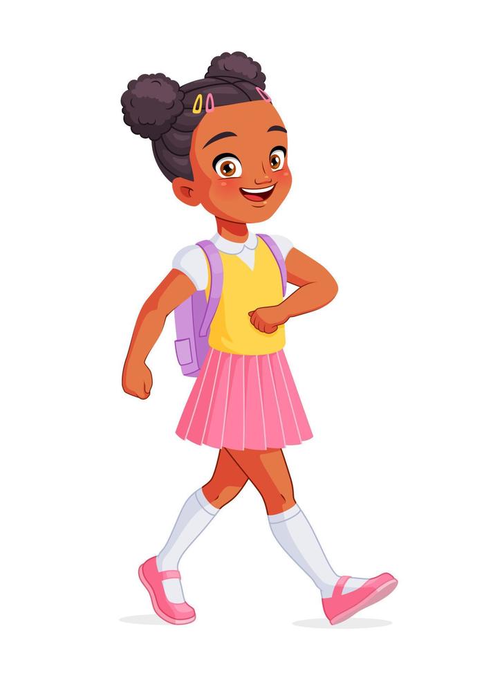 Happy African American girl going to school cartoon vector illustration