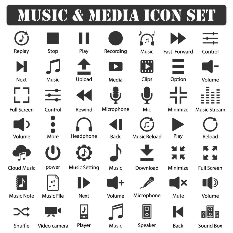 Music, Sound And Multimedia Icon Set Black vector