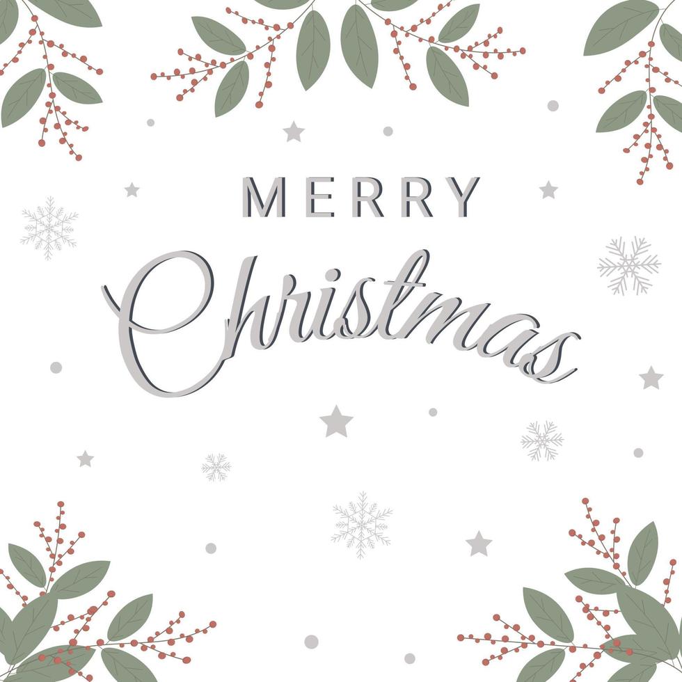 Feliz Navidad tarjeta de felicitación cuadrada con copos de nieve, estrellas y ramas de ilex. perfecto para pancartas o fondos. vector