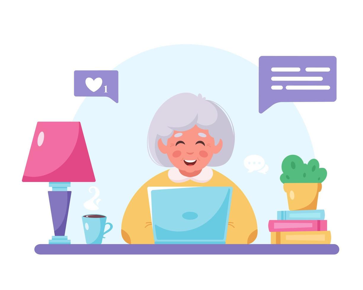Grandma sitting with laptop. Old woman using computer. vector