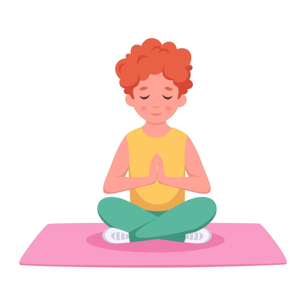 Boy meditating in lotus pose. Yoga and meditation for kids vector