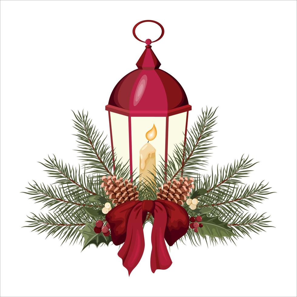 Christmas lantern with a candle. The lamp is decorated with fir branches, cones, mistletoe, holly and a large red bow. Vector. vector