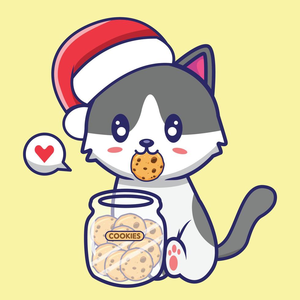 Vector graphic illustration of cat character eating cookies at christmas