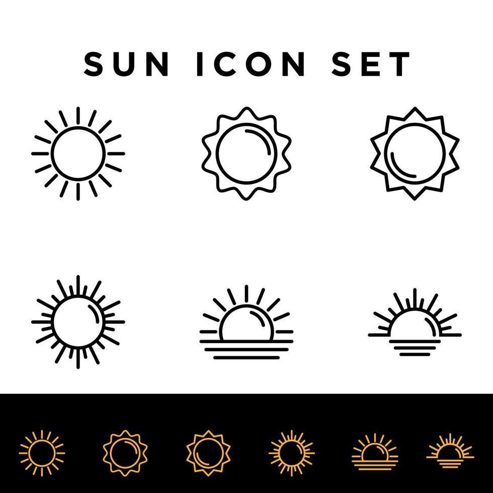 sol, puesta de sol, luz del sol, amanecer, vector de conjunto de iconos