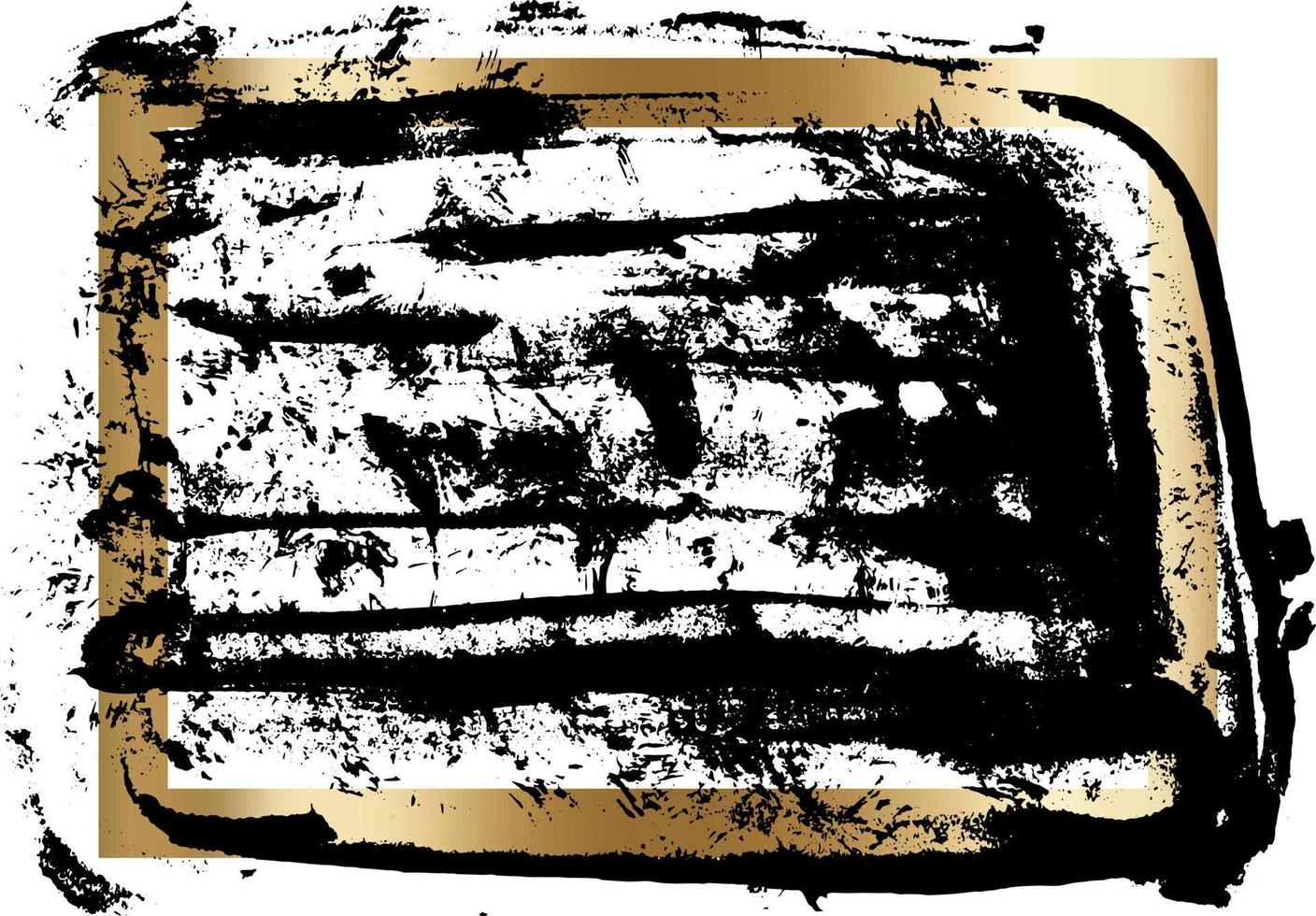 Splatter Paint Texture in a gold frame vector background . Distress Grunge background . Scratch, Grain, Noise rectangle stamp . Black Spray Blot of Ink. Place illustration Over any Object to Create