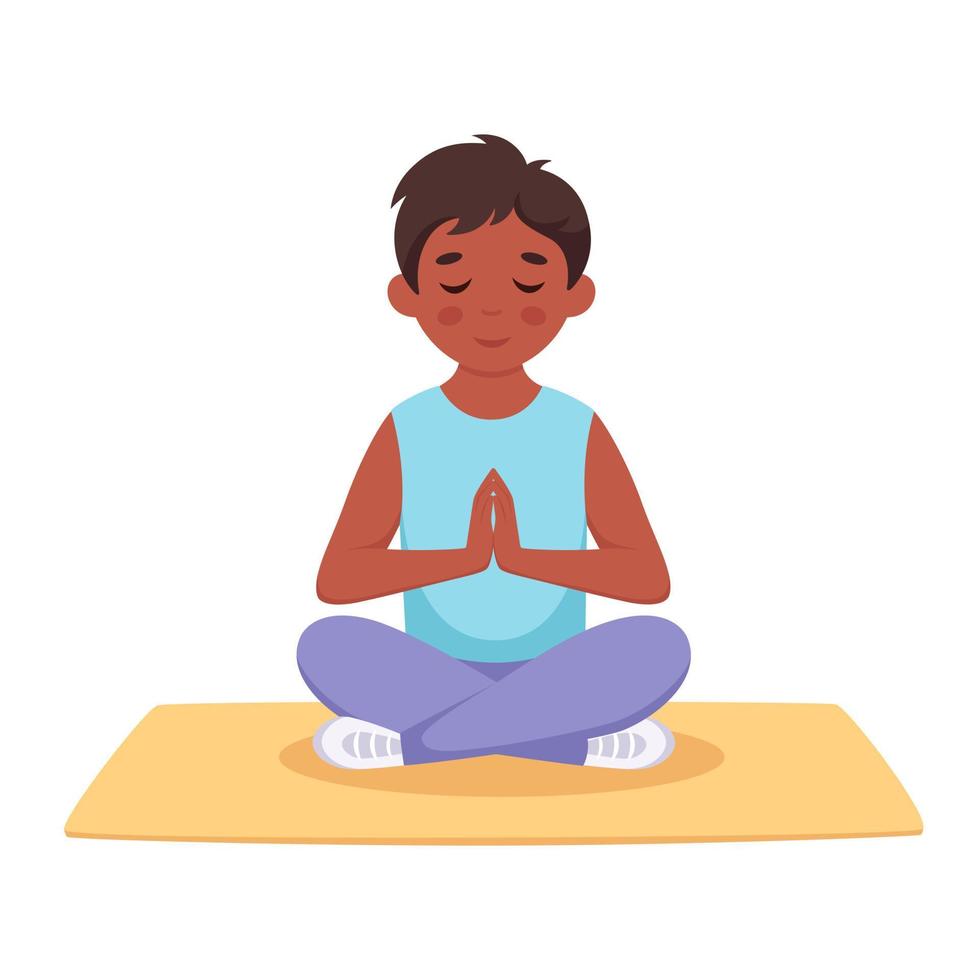 Boy meditating in lotus pose. Yoga and meditation for kids vector