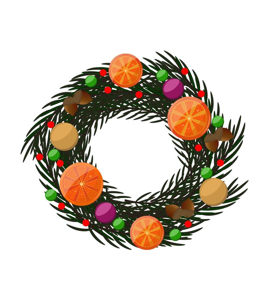 Corona navideña de ramas de abeto, decorada con naranjas, bellotas y adornos para árboles de Navidad. decoración navideña. ilustración vectorial vector