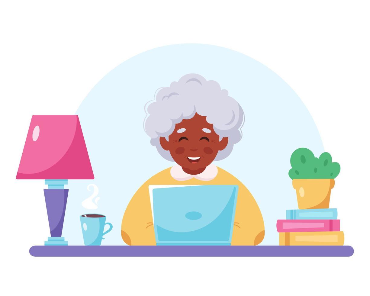 Grandma sitting with laptop. Old black woman using computer vector