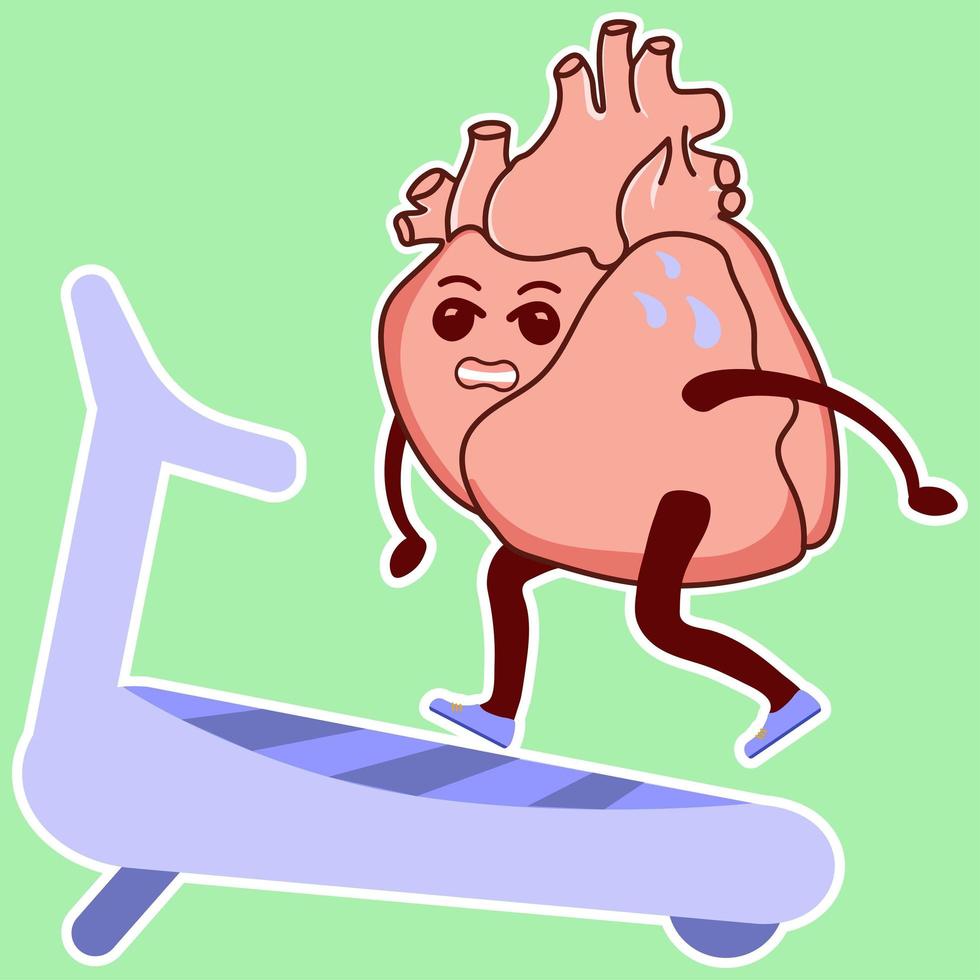 Physiological heart emoticon. Cute cardiology character runs on a treadmill vector