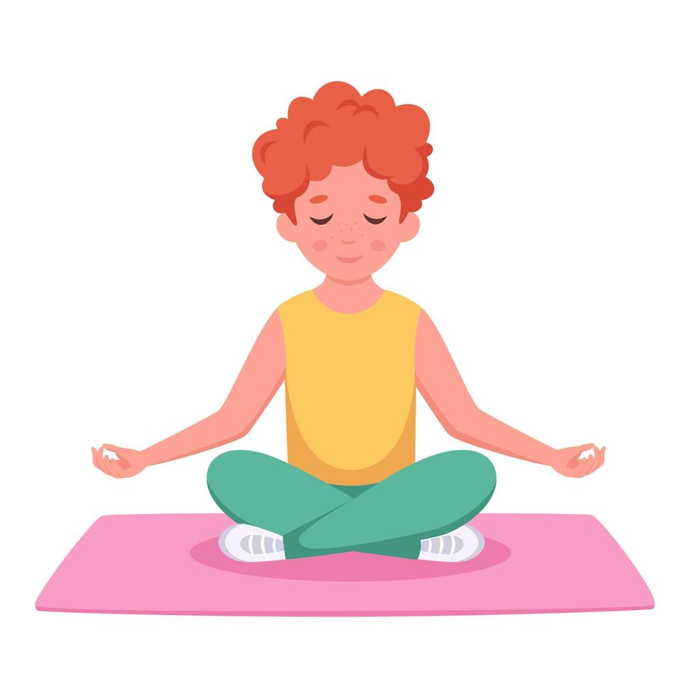 Boy meditating in lotus pose. Yoga and meditation for kids vector